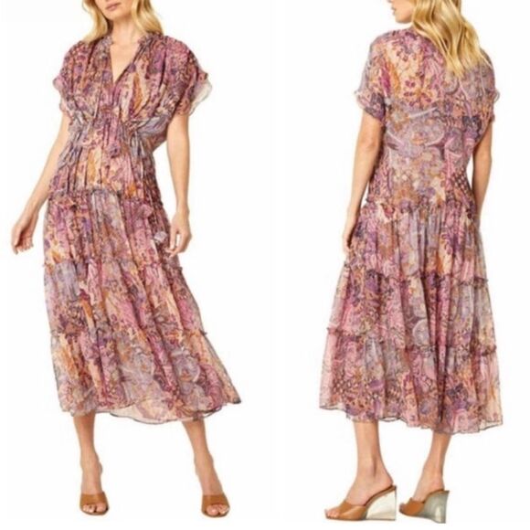 MISA Ilya Split-Neck Tiered Midi Dress, Boho Maxi, NWT, Size XS